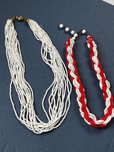 Vintage Lot of Multistrand &amp; Braided Red &amp; White Tiny White Glass Bead Necklace - $13.09