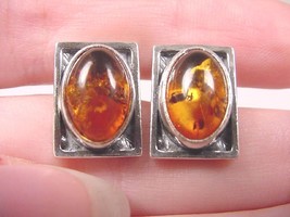 (PE40-u) Oval Orange Amber + .925 Sterling Silver Rectangle Stud Earrings Poland - £35.86 GBP