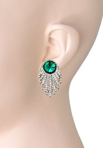 1.5&quot; Long Forest Green Clear Rhinestone Crystal Clip On Earrings Costume Jewelry - £13.08 GBP