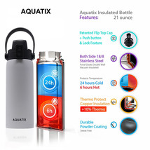 New Aquatix White Insulated FlipTop Sport Bottle 21 oz Pure Stainless Steel - $21.76