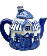 The Bombay Company Blue &amp; White Cottage Teapot Little House Pitcher Whim... - $26.09 CAD