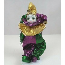 Vintage Porcelain Jester Clown Doll 8” On A Metal Stand Green Purple Gold - £13.02 GBP