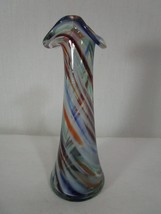 Vintage Multicolored Swirl Art Glass Vase Ruffled Edge Cobalt Blue Red W... - $29.69
