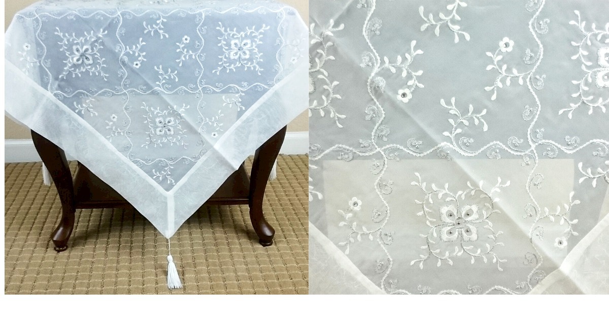 33&quot; Embroidered Silver Tassel Square Tablecloth White Wedding Bridal Eve... - $30.99