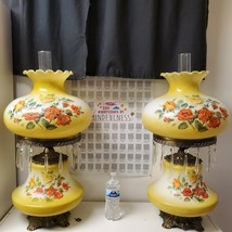 Pair of Vintage XL Yellow Rose Gone With The Wind 3 Way Hurricane Lamps 22&quot;  EUC - £375.89 GBP