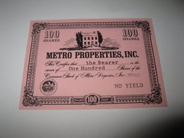 1964 Stocks & Bonds 3M Bookshelf Board Game Piece: Metro Properties 100 Shares  - $1.00