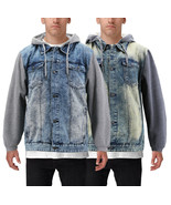 Men’s Hooded Button Up Faded Denim With Jersey Sleeves Jean Trucker Jacket - £33.61 GBP