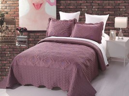 LINA PURPLE SOLID COLOR EMBROIDERY BEDSPREAD COVERLET SET 3 PCS QUEEN SIZE - $49.49