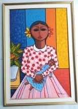 Framed Original Painting Colorful Girl w/ Doll Signed Pablo M Perez, 2008 - £131.53 GBP
