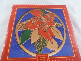 Vintage Poinsettia Trivet Gold Tone Metal Enamel Christmas Plaque 8 Made in Jap - £19.10 GBP