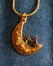 Enchanting Glitter Enamel Gold-tone Moon &amp; Witch Cat Pendant Necklace 19&quot; x 3/4&quot; - £10.26 GBP