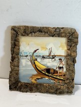 Rustik wooden handmade hand carved Frame w/ canoe man art wall Decor portugal 8” - £22.65 GBP