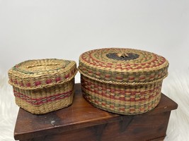 Vintage Boho Hand Woven Sweet Grass Baskets With Lids Trinket Box Storage Case - $35.99