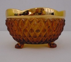 Amber Heavy Diamond Pressed Glass Three Footed Gold Trimmed Bowl - $9.79