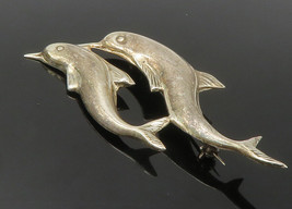 925 Sterling Silver - Vintage Dark Tone Double Dolphin Smooth Brooch Pin- BP5571 - £27.83 GBP