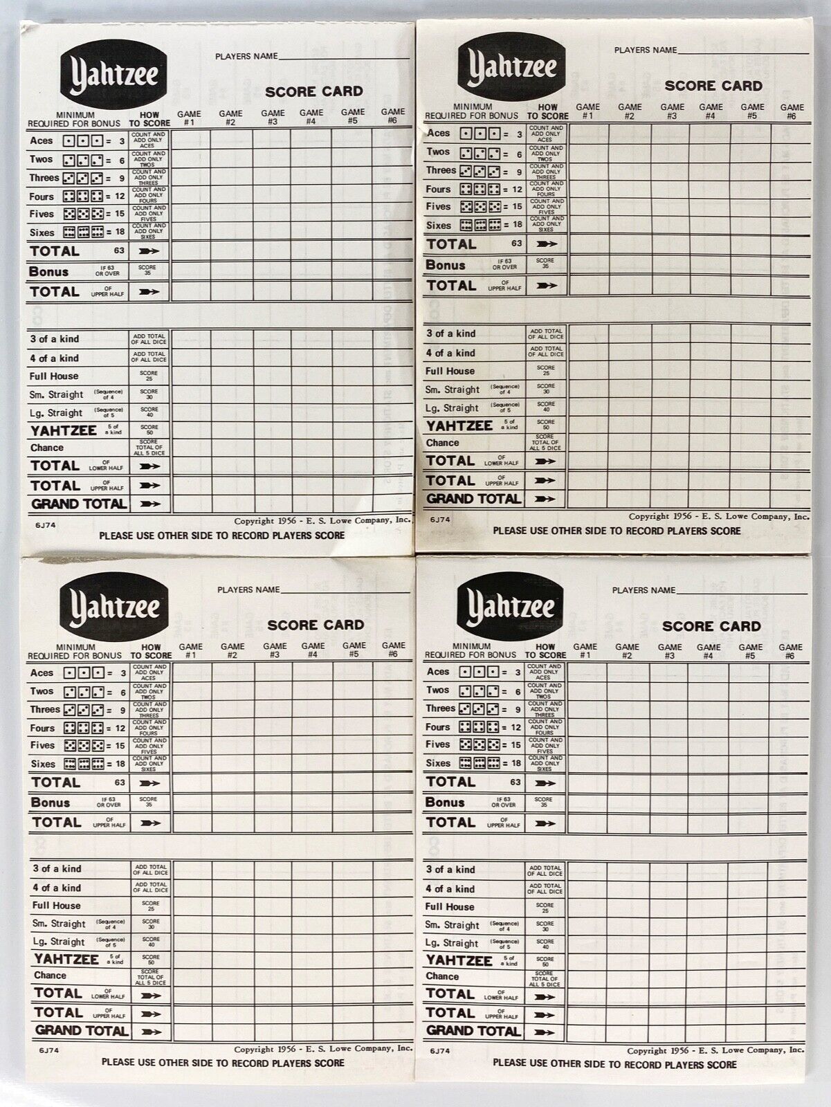 Vintage Yahtzee Score Cards 1956 ES Lowe Company Box - LOT OF 4 PADS - $14.83