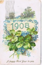 Holiday Postcard Embossed Happy New Year Shamrocks Forger Me Nots 1908 - $2.16