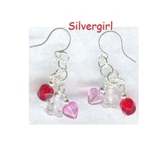 Sweetheart Flower Heart Pink Red Clear Dangle Earrings - £11.74 GBP