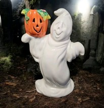 Vintage 1990s Halloween Ghost Pumpkin Ceramic Taper Candle Holder Home D... - $22.76