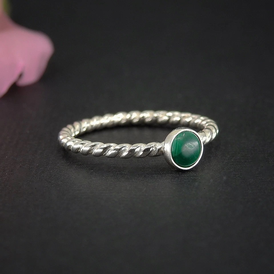 Solid 925 Silver Green Malachite Stacking Ring| Dainty Malachite Women's Ring Item image 2