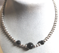 STERLING SILVER 20.5&quot; Bead Beaded Toggle Clasp Black Onyx Necklace 40.6 Grams - £72.63 GBP