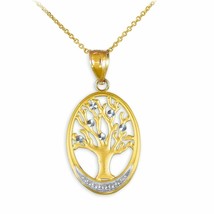 10K Solid Yellow Gold Tree Of Life Oval Charm Pendant Necklace 16&quot; 18&quot; 20&quot; 22&quot; - £95.82 GBP+