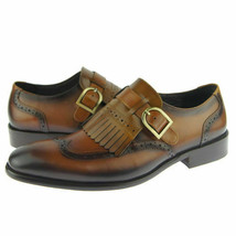 Wingtip Burnished Brown Color Genuine Leather Men Single Buckle Strap Monk Shoes - $149.99+