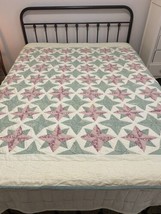 Vintage Quilt Bedspread Green Pink Off White Diamond Star Cutter 82&quot;x82&quot; Double - £131.17 GBP