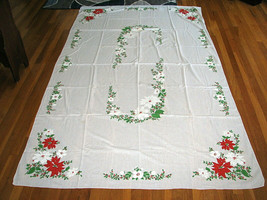 Christmas Tablecloth Cover Poinsettia Holly Extra Large Holiday Linen 8 x 5 Feet - £7.89 GBP