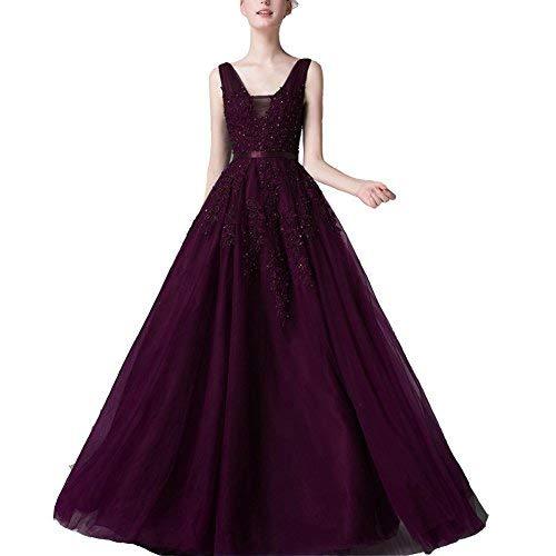 Kivary Women V Neck Sheer Beaded Long Prom Dress Formal Evening Gown Dark Plum U