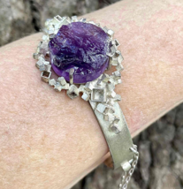 Chunky Natural Untreated Amethyst Sterling Silver Bangle Modernist Silve... - $1,685.08