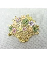 Brooch ~ Gold Tone Filigree Basket Brooch, Pastel Enamel Spring Flowers  - £7.00 GBP