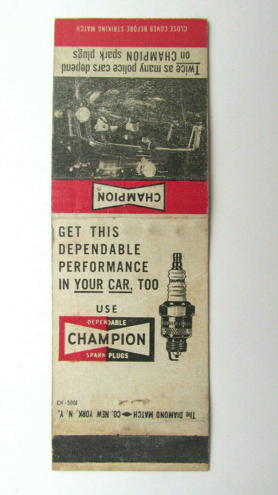 Champion Spark Plugs Ad Police Cars 20 Strike Matchbook Cover Diamond Match Co. - $2.00