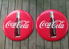 Coca-Cola Set of 2 Distressed 24 Inch Red Disc Button Signs Contour Bottle - £77.40 GBP