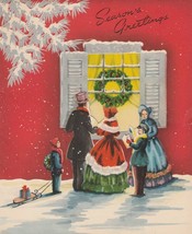 Vintage Christmas Card Carolers Sled Die Cut Window 1940s Nostalgia - $9.89