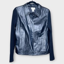 LOFT black soft leather &amp; knit sleeve button jacket size medium fall winter - $55.00