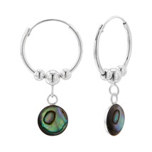 Round Abalone Charm 925 Silver Hoop Earrings - £13.52 GBP