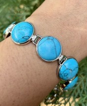 White Gold Plated Bracelet Bangle Jewelry, German Silver, Turquoise, 7.5... - $23.51