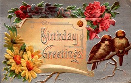Embossed Vintage POSTCARD-&quot;BIRTHDAY Greetings&quot; Two Birds &amp; Flowers BK40 - £2.77 GBP
