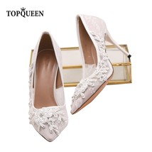 TOPQUEEN-A04 Bridal shoes in women&#39;s pumps White Lace Bead Flower Elegant High H - £96.82 GBP