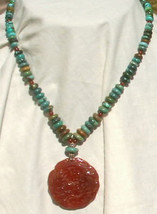 Carnelian medallion and Graduated Turquoise Rondelle Necklace - £63.39 GBP
