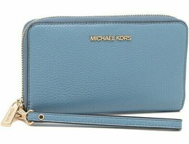 Michael Kors Jet Set Travel Phone Case Wallet Wristlet Sky Blue Leather $198 FS - £62.50 GBP