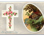Easter Joy Foiled Cross Egg Roses Cabin Scene Embossed UNP DB Postcard R26 - $3.04
