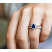 2Ct Round Cut Blue Sapphire &amp; Diamond Halo Engagement Ring 14K White Gold Finish - $119.99