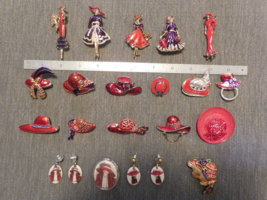 VINTAGE Lot Red Hat Society Brooches Earrings Lady Figurals Enamel Rhine... - $49.95