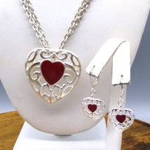Vintage Red Enamel Heart Parure, Pendant Brooch Necklace and Matching Da... - £39.75 GBP