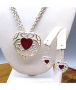 Vintage Red Enamel Heart Parure, Pendant Brooch Necklace and Matching Da... - £39.56 GBP