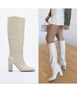 Zara knee high leather boots white cream blogger byfar toteme khaite the row - £148.55 GBP