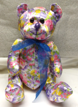 Teddy Bear Sugar Loaf Creations Plush Stuff Floral Print 7&quot; Violet Nose Blue Bow - £13.42 GBP