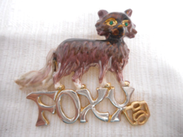 FOXY Fox Brown &amp; Beige Color Fox Green Crystal Eyes Enameled Gold Pin Brooch 2&quot; - £16.23 GBP